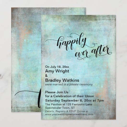 Grunge Aqua Happily Ever After Trouwreceptie Kaart (Voorkant / Achterkant)
