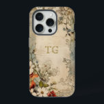 Grunge Artisan Botanisch Monogram iPhone 15 Pro Case<br><div class="desc">Artistieke  stijl scharlaken,  witte en stoffige blauwe bloemen met salie en bruin gebladerte op verdrietig ambachtelijk perkament met optioneel tekstveld voor jouw naam of monogram.</div>