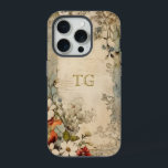 Grunge Artisan Botanisch Monogram iPhone 15 Pro Case<br><div class="desc">Artistieke  stijl scharlaken,  witte en stoffige blauwe bloemen met salie en bruin gebladerte op verdrietig ambachtelijk perkament met optioneel tekstveld voor jouw naam of monogram.</div>