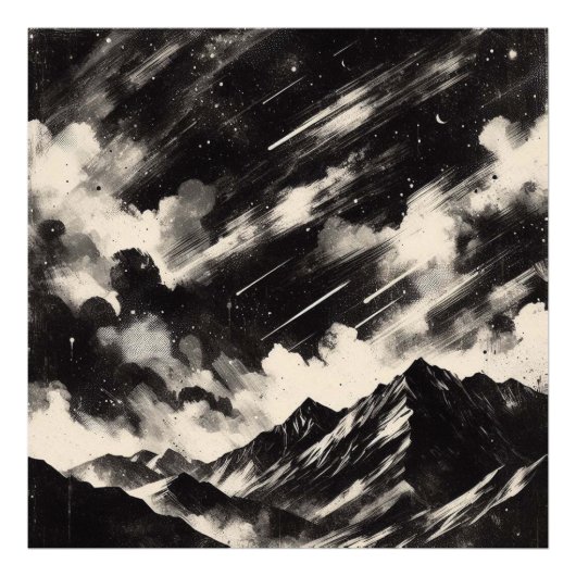 Grunge berglandschap, zwart-witte textuur foto afdruk (Voorkant)