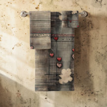 Grunge Black and Cream with Red Hearts