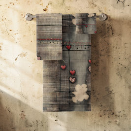 Grunge Black and Cream with Red Hearts Bad Handdoek