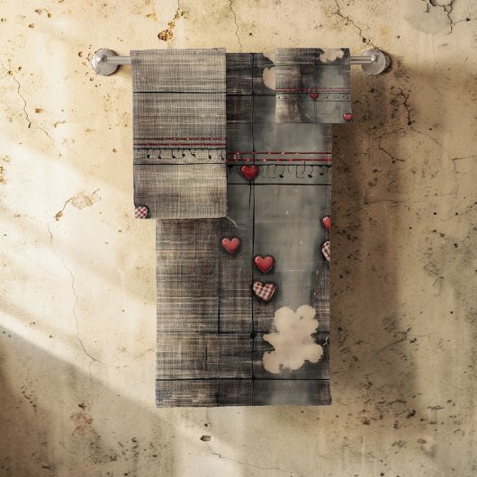 Grunge Black and Cream with Red Hearts Bad Handdoek