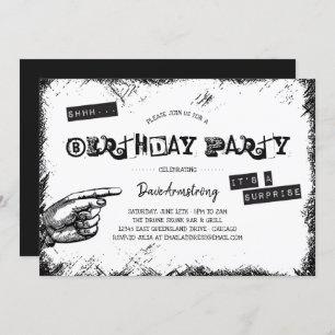 Grunge Black and White Surprise Birthday Party Kaart