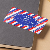 Grunge Blauwe & Rode Strepen Schaar Barbershop Visitekaartje