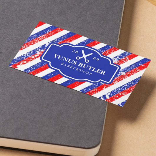 Grunge Blauwe & Rode Strepen Schaar Barbershop Visitekaartje