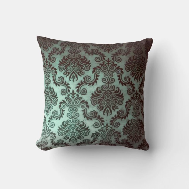 Grunge Blauwgroen Damask Kussen (Voorkant)
