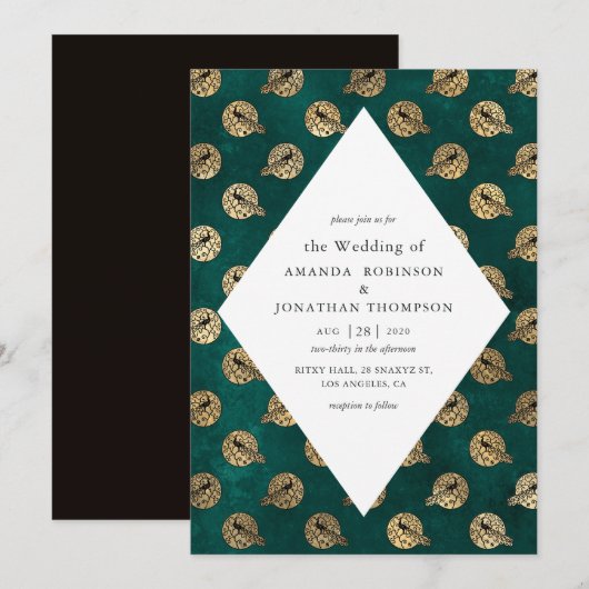  Grunge Blauwgroen en Gold Peacock Wedding Kaart (Voorkant / Achterkant)