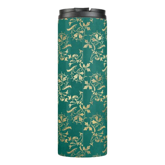  Grunge Blauwgroen en Gouden Bladgroen Thermosbeker (Achterkant)