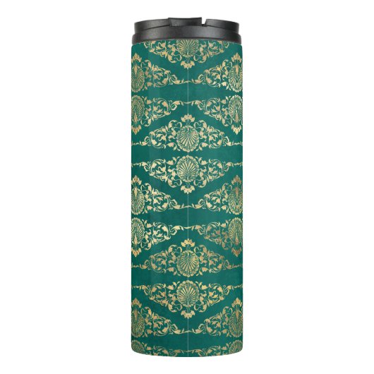  Grunge Blauwgroen en gouden damast Thermosbeker (Achterkant)