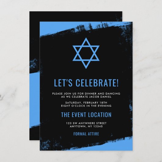 Grunge Blue Black Bar Mitzvah Reception Kaart (Voorkant / Achterkant)