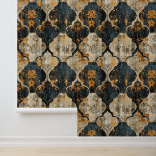 Grunge borstel damast patroon in zwart, beige, bru behang