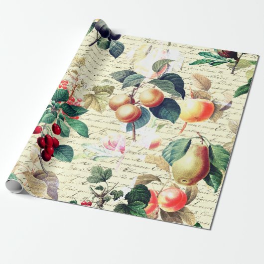Grunge Botanische Fruit met Script Cadeaupapier (Uitgerold)
