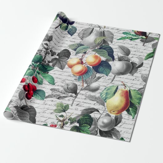 Grunge Botanische Fruit met Script Cadeaupapier (Uitgerold)