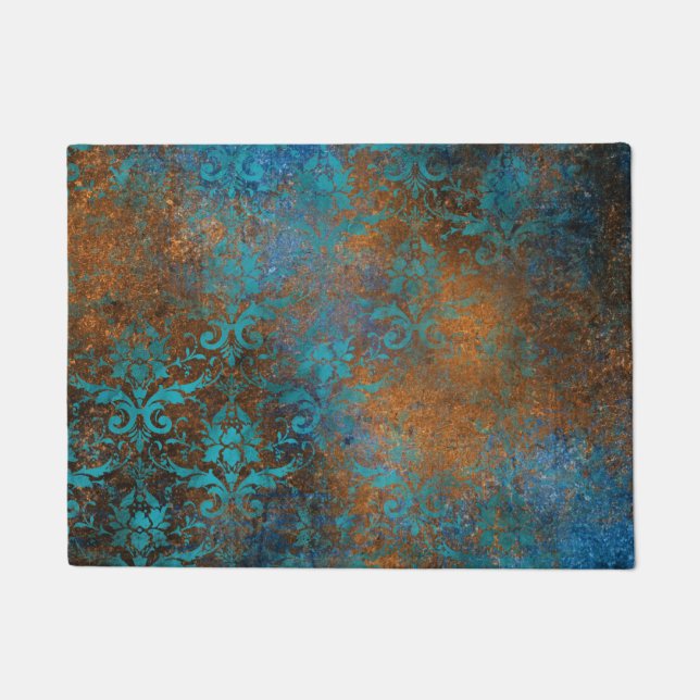 Grunge Brown Blue Floral Decorative Pattern Deurmat (Voorkant)