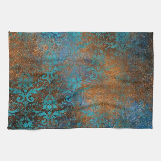 Grunge Brown Blue Floral Decorative Pattern Theedoek (Horizontaal)