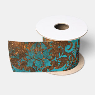 Grunge Bruin Blauw Bloemendecoratie Luxe Patroon Satijnen Lint