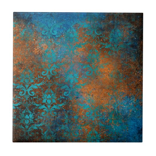 Grunge Bruin Blauw Bloemendecoratie Luxe Patroon Tegeltje (Voorkant)