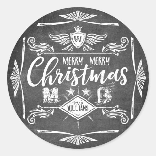 Grunge Chalkboard Merry Christmas Retro Typografie Ronde Sticker (Voorkant)