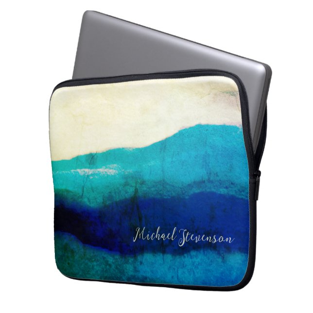 Grunge Cool Signature Turquoise and Ocean Blue Zee Laptop Sleeve (Voorkant Links)