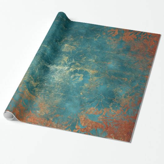 Grunge Copper Patina en Turquoise Damask Cadeaupapier (Uitgerold)