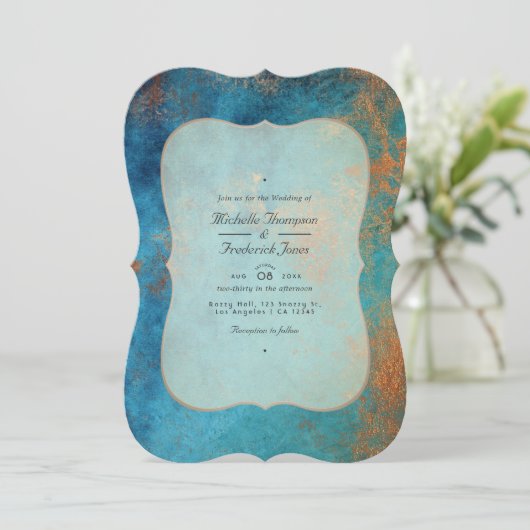 Grunge Copper Patina en Turquoise QR Code Wedding Kaart (Staand voorkant)