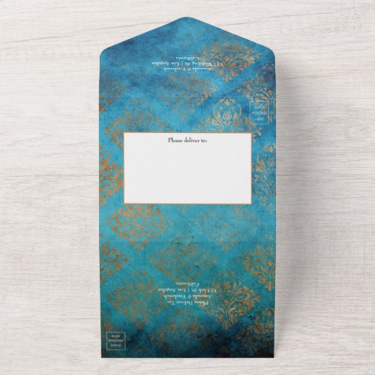 Grunge Copper Patina en Turquoise Wedding All In One Uitnodiging (Buitenkant)