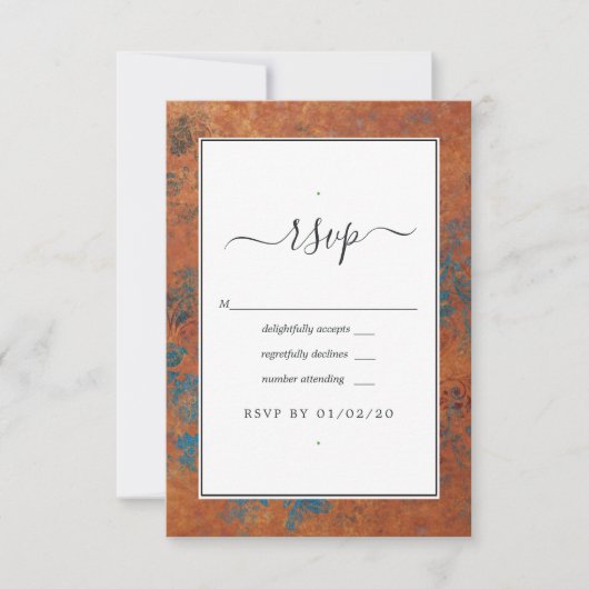 Grunge Copper Patina en Turquoise Wedding RSVP Kaartje (Voorkant)