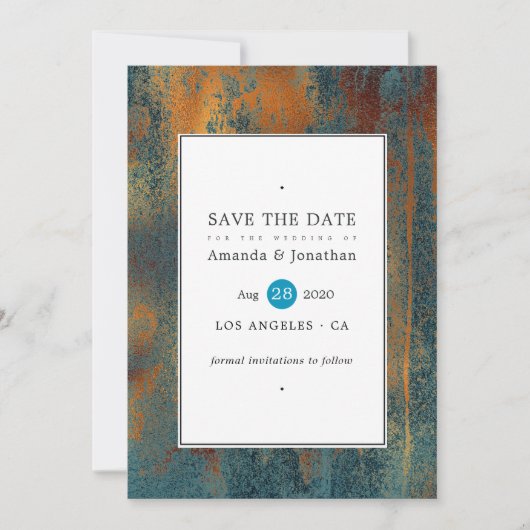 Grunge Copper Patina en Turquoise Wedding Save The Date (Voorkant)