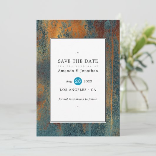 Grunge Copper Patina en Turquoise Wedding Save The Date (Staand voorkant)