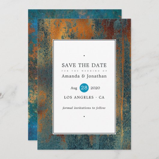 Grunge Copper Patina en Turquoise Wedding Save The Date (Voorkant / Achterkant)