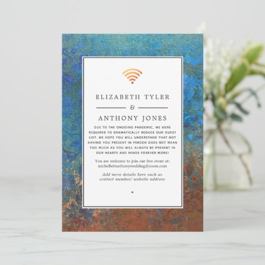 Grunge Copper Patina & Turquoise Virtual Wedding Aankondiging (Staand voorkant)