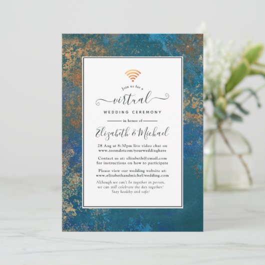 Grunge Copper Patina & Turquoise Virtual Wedding Kaart (Staand voorkant)