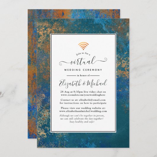 Grunge Copper Patina & Turquoise Virtual Wedding Kaart (Voorkant / Achterkant)