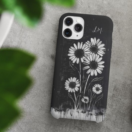 Grunge Daisy Zwart Wit Monogram Aangepaste naam Case-Mate iPhone Case