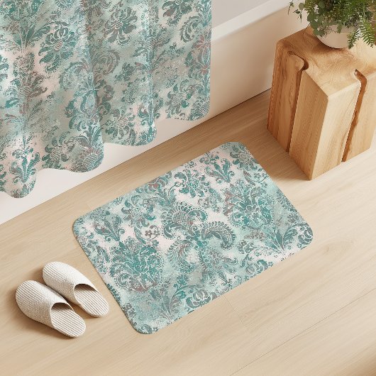 Grunge Damask Aqua Mint Blauwe Blos Roze Badmat