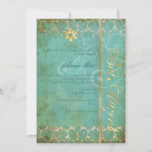 Grunge Damask Bat Mitzvah/blauwgroen/goud Kaart (Voorkant)