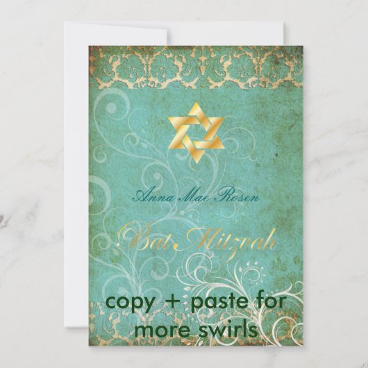 Grunge Damask Bat Mitzvah/blauwgroen/goud Kaart (Achterkant)
