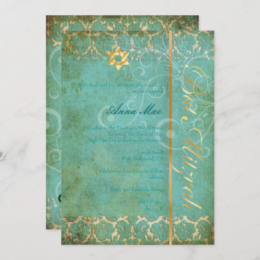 Grunge Damask Bat Mitzvah/blauwgroen/goud Kaart (Voorkant / Achterkant)