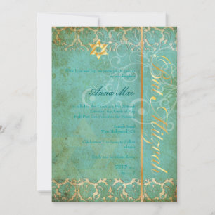 Grunge Damask Bat Mitzvah/blauwgroen/goud Kaart