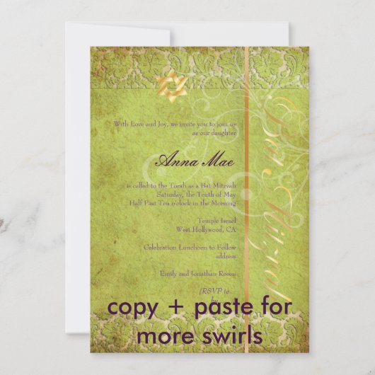 Grunge Damask Bat Mitzvah/green/gold Kaart (Voorkant)