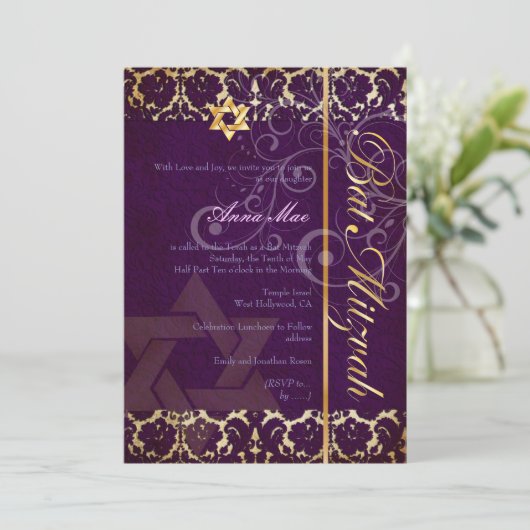 Grunge Damask Bat Mitzvah/plum/goud Kaart (Staand voorkant)