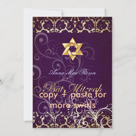 Grunge Damask Bat Mitzvah/plum/goud Kaart (Achterkant)