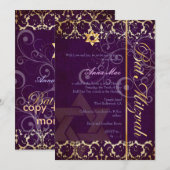 Grunge Damask Bat Mitzvah/plum/goud Kaart (Voorkant / Achterkant)
