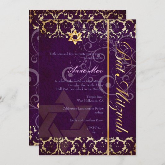 Grunge Damask Bat Mitzvah/plum/goud Kaart (Voorkant / Achterkant)