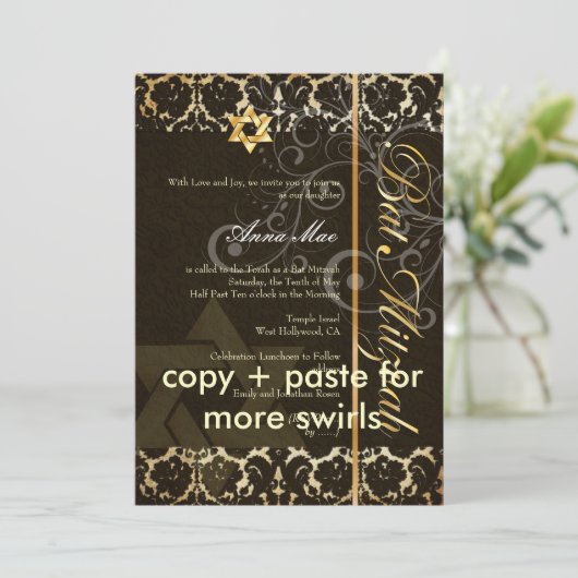 Grunge Damask Bat Mitzvah/zwart/goud Kaart (Staand voorkant)