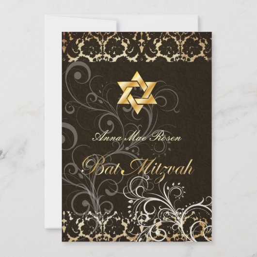 Grunge Damask Bat Mitzvah/zwart/goud Kaart (Achterkant)