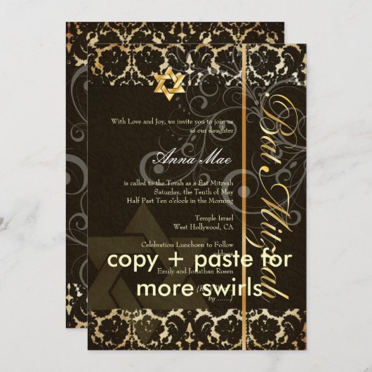 Grunge Damask Bat Mitzvah/zwart/goud Kaart (Voorkant / Achterkant)