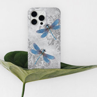Grunge Damask Blue Dragonflies iPhone 15 Pro Max Hoesje