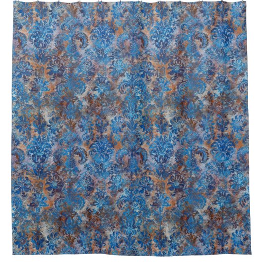 Grunge Damask Cobalt Blue Rust Orange Douchegordijn (Voorkant)